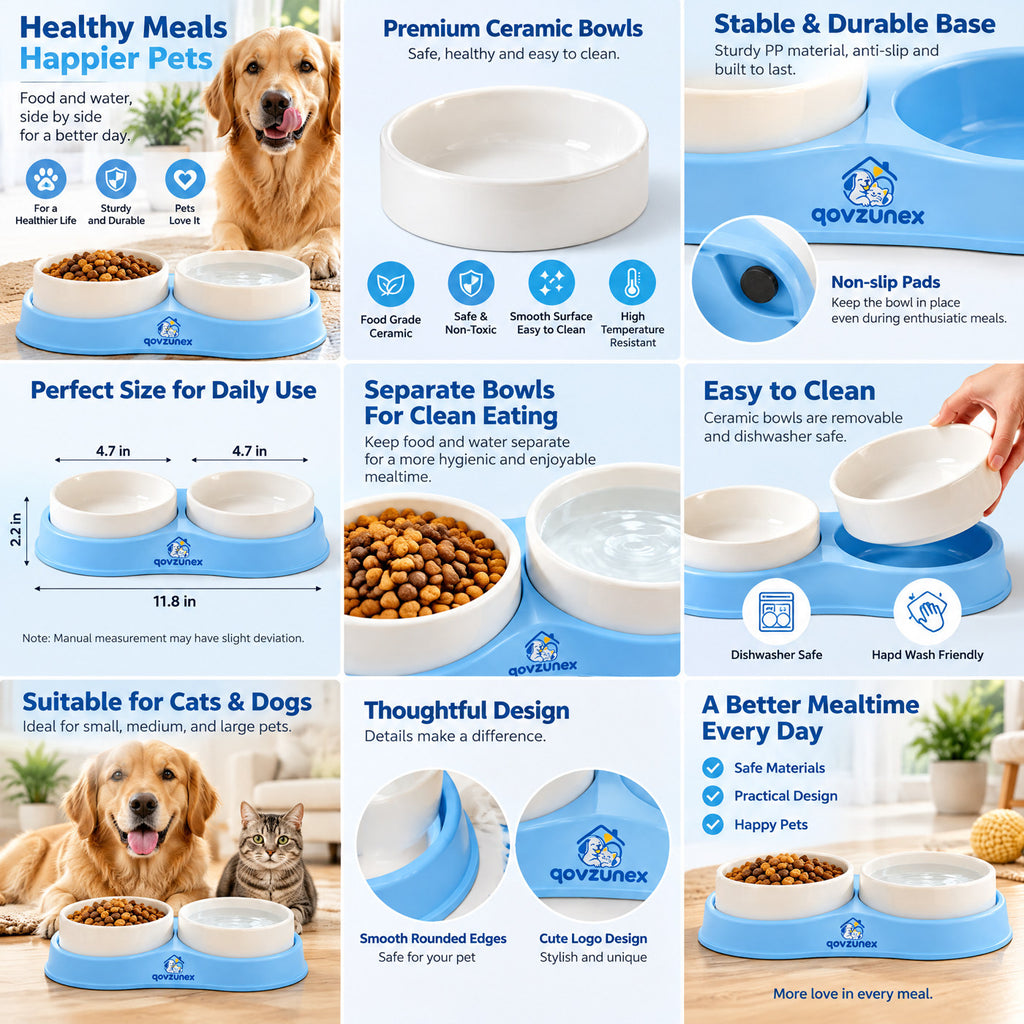 qovzunex Double Food & Water Bowl Set — design details