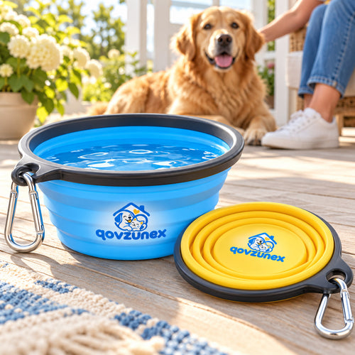 qovzunex Collapsible Pet Travel Bowl — pet and home setting