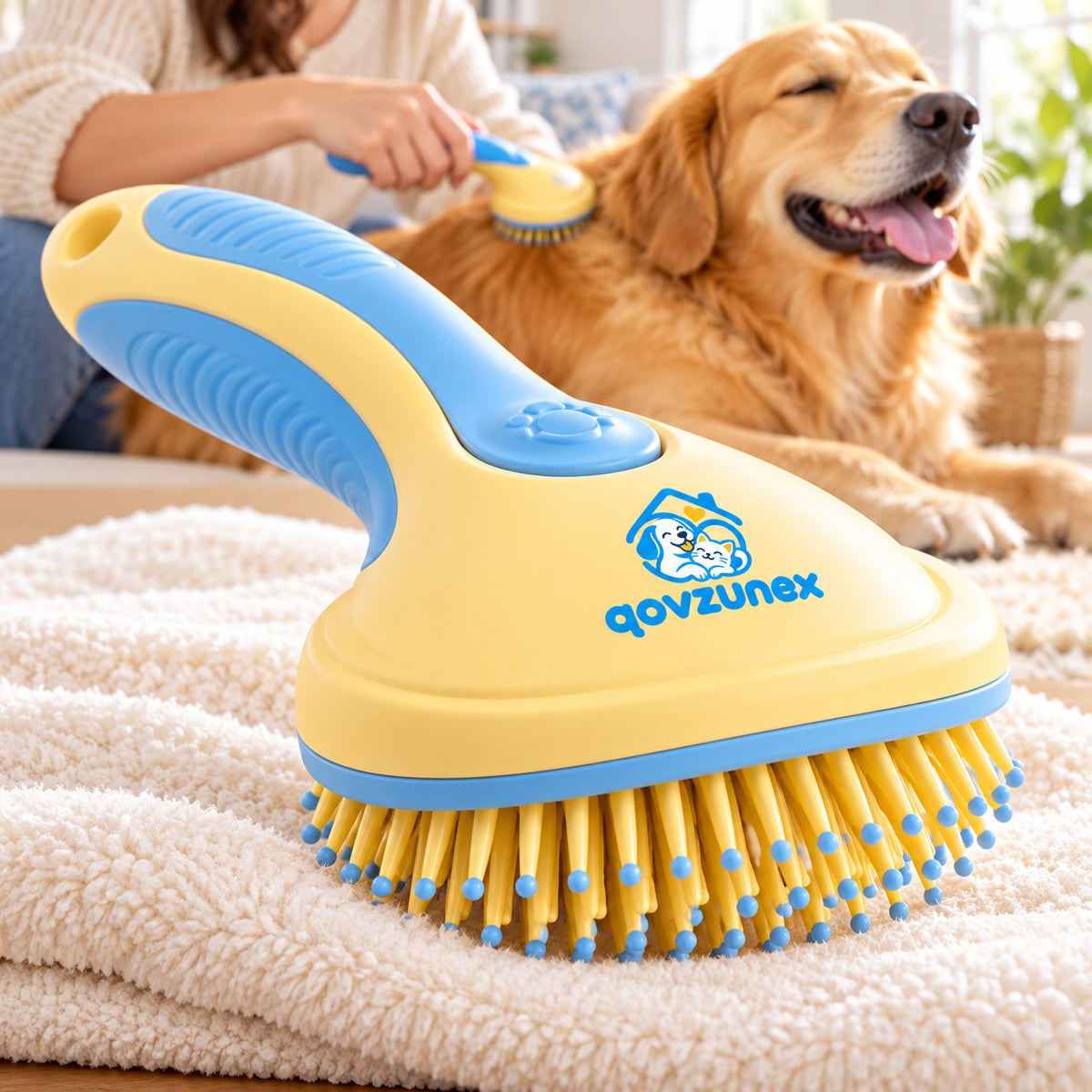 qovzunex Comfort-Grip Dog Grooming Brush — pet and home setting