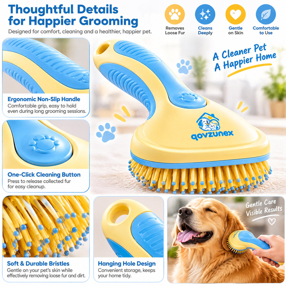 qovzunex Comfort-Grip Dog Grooming Brush — design details