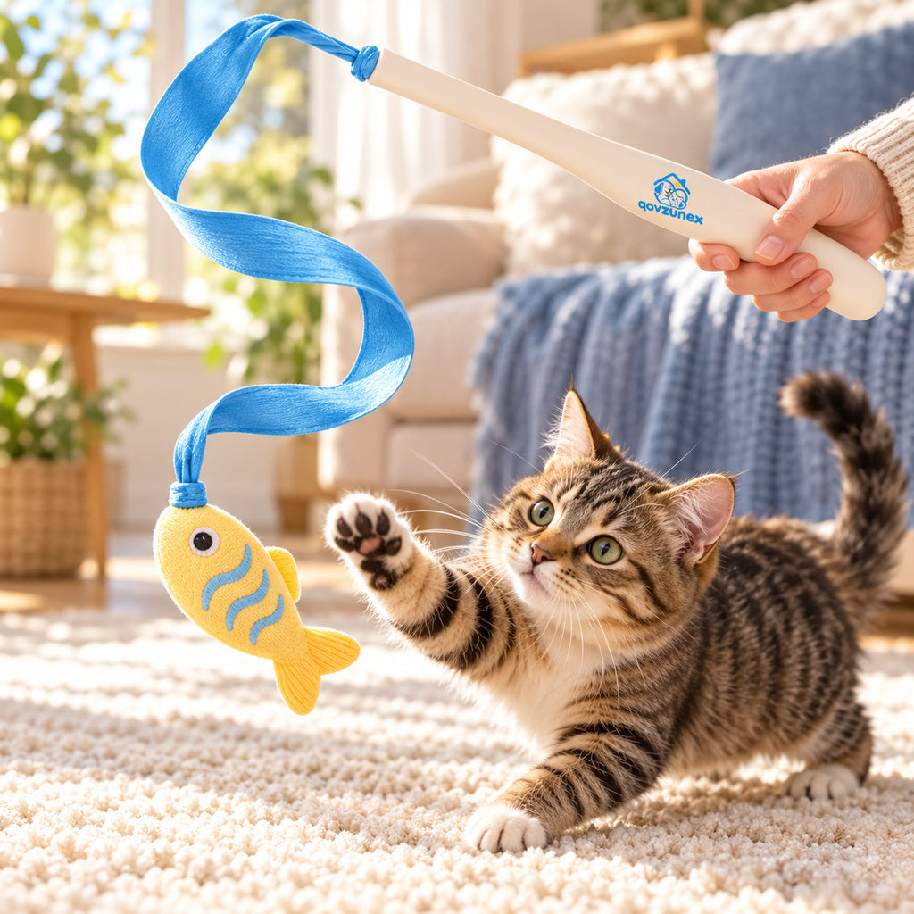 qovzunex Fish & Ribbon Cat Teaser Wand — pet and home setting
