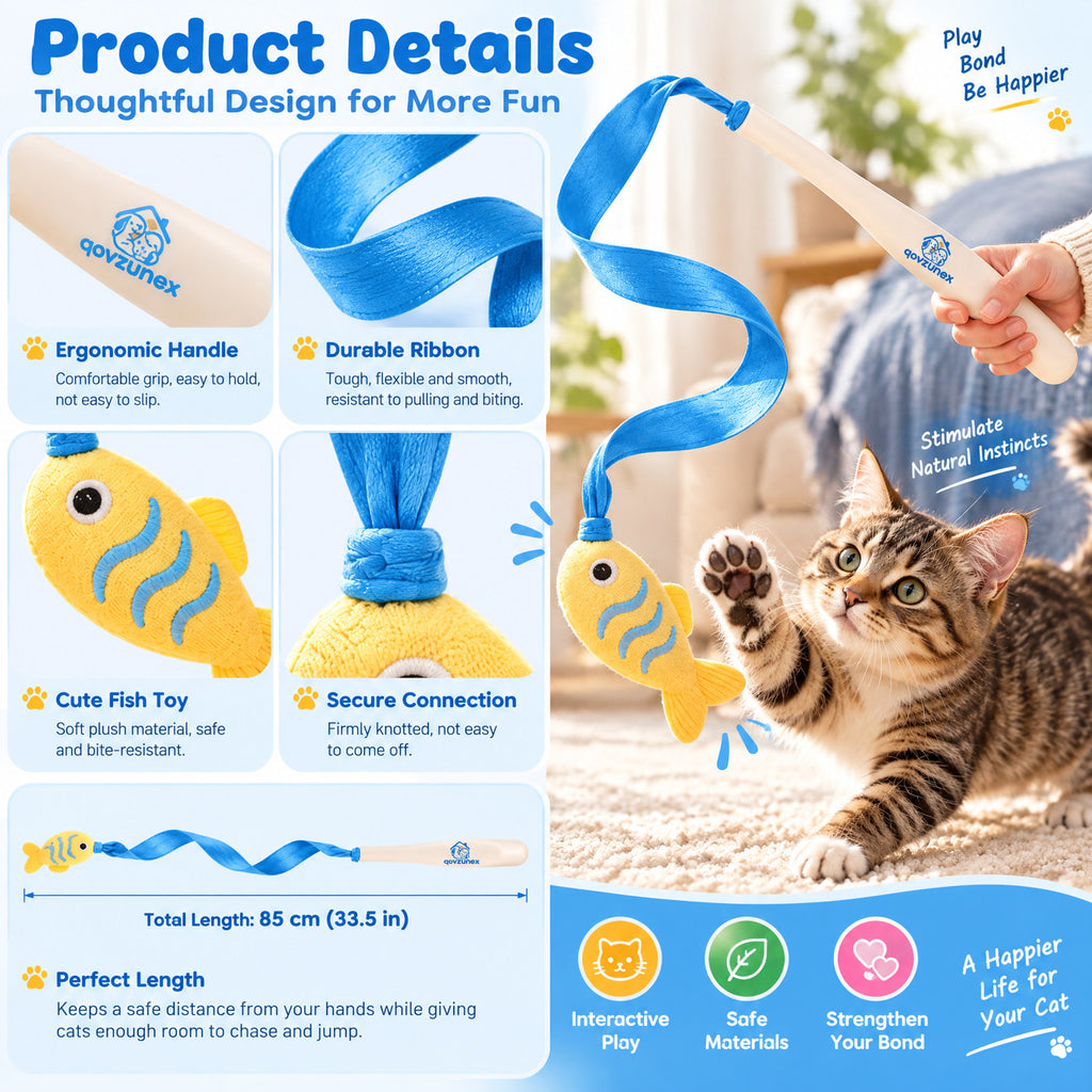 qovzunex Fish & Ribbon Cat Teaser Wand — design details